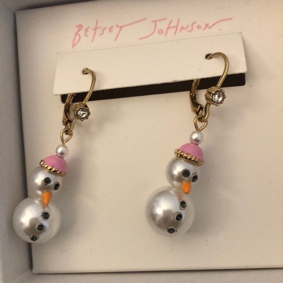 Betsey Johnson Gold Tone White Faux Pearl Snowman Drop Earrings Crystal NIB - Picture 3 of 12